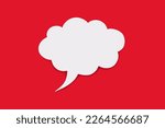 Small photo of Speech bubble in the form of a cloud on a red background. Free space for text. Empty white speech bubble with text writing option. The concept of speech communication on the Internet