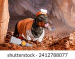 Small photo of Dachshund dog in helmet with flashlight, miner uniform in cave stands next to pickaxe joyfully sticks out tongue, break from hard work, the end of shift, dismissal Quest for children career guidance