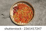 Small photo of red and orange chilies, dried in the sun Tampah bamboo plait for tray on traditional market Tampah bamboo plait for tray