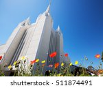 Mormon Temple With Flowers In...