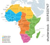 Africa regions political map with single countries. United Nations geoscheme. Northern, Western, Central, Eastern and Southern Africa in different colors. English labeling. Illustration. Vector.