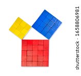Small photo of Pythagorean theorem shown with colorful wooden cubes, from above. Pythagoras theorem. Relation of sides of a right triangle. The two smaller squares together have the same area than the big one