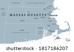 Massachusetts, gray political map, with capital Boston. Commonwealth of Massachusetts, MA. Most populous state in the New England region of United States. The Bay State. English. Illustration. Vector.