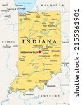 Indiana, IN, political map, with the capital Indianapolis, and most important cities, rivers and lakes. State in the Midwestern region of the United States of America, nicknamed The Hoosier State.