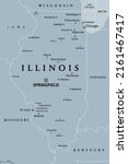 Illinois, IL, gray political map with capital Springfield and metropolitan area Chicago. State in Midwestern region of United States, nicknamed Land of Lincoln, Prairie State, and Inland Empire State.