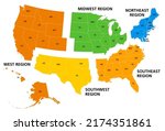 United States, geographic regions, colored political map. Five regions, according to their geographic position on the continent. Common but unofficial way of referring to regions of the United States.
