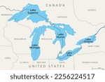 Great Lakes of North America, political map. Lake Superior, Michigan, Huron, Erie and Lake Ontario. A series of large interconnected freshwater lakes on or near the border of Canada and United States.
