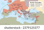 Early Crusades, history map. The first four Crusades, a series of religious wars to the Holy Land, to conquer Jerusalem and its surrounding area, by the Christian Latin Church in the medieval period.