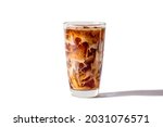 Glasses of coffee milk on white background. Cold beverage tasty. Iced latte. Clipping path photo.