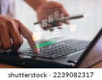 Small photo of Transfer files data system relocation with internet cloud technology concept. Person hand using laptop computer waiting for transfer file process with loading bar icon on virtual screen.