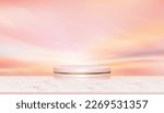 3D Display Podium on Marble Table Top over Sunset dust sky with clouds,Vector Empty Studio room with Cylinder Stand on Marble floor texture with Sunrise Sky,Background for Spting,Summer presentation