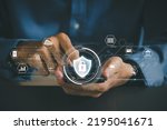 Small photo of Concept of cyber security, information security, and encryption, secure access to user's personal information, Man using his mobile selects the icon security on the virtual display. cybersecurity.vpn