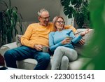 Romantic senior couple laughing ant talking to each other while sitting on sofa at home hugging and drinking coffee. Affectionate elderly married couple enjoying sweet tender cozy moment.