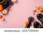 Small photo of Whimsical Halloween witch getup for young child. Overhead shot of little shoes, enchanting hat, magic wand, candy corn, thematic decor, pumpkins, ghastly spiders, web on soft pink with open text area