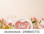 Small photo of Love-filled ambiance: Top view snapshot of intimate Valentine's dinner scene. Heart-shaped plate, cutlery, white wine, roses, themed giftbox adorn pastel beige background with space for text or advert