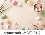 Celebrate Easter with this tender top view display. Bowl with color-packed eggs, whimsical bunny ears, pussy-willow twigs, sprinkles form cheerful ensemble on soft beige—ideal for your custom message