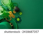 Small photo of Dive into St. Patric's Day at the bar: top view of ale glasses, leprechaun's hat, lucky horseshoe, pot of gold coins, trefoils, confetti, beads arranged on green background. Add your text or promotion