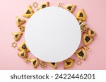 Small photo of Holiday menu setup for Purim, showcasing top view triangular pastries, symbols of Star of David, and gold celebration accents, arranged on a pastel pink backdrop with circular void for text insertion