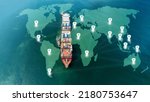 Small photo of Aerial top view containers ship cargo business commercial logistic and transportation international import export by container freight cargo ship in the open seaport show ocean network on map.