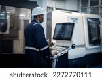 Small photo of Engineer technician under control digital factory production technology showing automation manufacturing machine process of the new industrial revolution and IOT software to control concept.