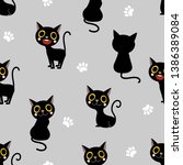 cute black cat seamless pattern.... | Shutterstock .eps vector #1386389084
