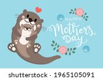 Cute Mom Otter And Baby Vector. ...
