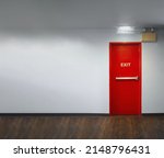 Small photo of Fire exit door. Fire exit emergency door red color metal material with alarm and emergency light and fire extinguish equipment on building wall for safety protection. Doors for escape conflagration.