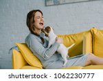 attractive pregnant woman laughing and playing with jack russell terrier in living room
