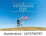 back view of kid in straw hat and military father holding american flags with veterans day illustration