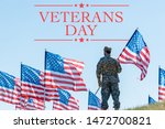 man in military uniform and cap standing and holding american flag with veterans day illustration
