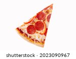 Slice of pizza with peperroni on white background, isolate