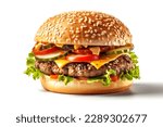 Tasty hamburger with white...