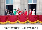 Small photo of London, UK - 17 June 2023: King Charles, Queen Camilla and Royal family Prince Louis George William Kate Middleton Princess Charlotte Trooping the colour on balcony at Buckingham Palace stock photo