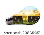 Small photo of Eco LED light bulb with solar energy panels isolated on white background. Concept of green energy.