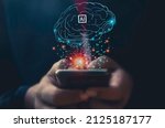 Hand use mobile phone and human head with line brain network technology for global.Data in the global computer social.Digital data,ai,science.Vector Technology background and Artificial intelligence.