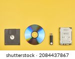 Small photo of Various storage media, floppy disk, disk, flash drive and hard disk, copy space.