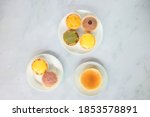 Small photo of An assortment of Japanese traditional cakes Both Japanese cheese tarts and soft Japanese cheesecake jiggle spongecake