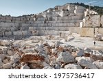 Marble quarry shot. Ledges of excavated marble stone material at Mediterranean region of Mersin, Turkey