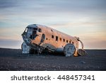 The abandoned DC-3 Airplane on Solheimasandur beach. Airplane wreckage on black sand beach. Douglas Dakota DC3, US navy, South Iceland.