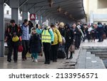 Small photo of Bucharest, Romania - March 09, 2022: Ukrainian refugees from Ukraine arrived in North Railway Station with a train of 10-car provided by CFR, attempting to escape Vladimir Putin's war against Ukraine.