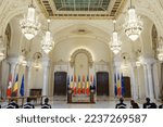 Small photo of Bucharest, Romania - December 12, 2022: Switzerland President Ignazio Cassis (L) and Romanian President Klaus Iohannis (R) hold a press conference at the Cotroceni Palace.