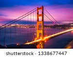 Famous Golden Gate Bridge in San Francisco at night seen from Battery Spencer viewpoint. Long exposure.
