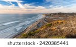 Small photo of Panoramic Landscape View From Above Scenic Pacific Ocean Coastline. Guy Fleming Hiking Trail,Torrey Pines Beach, California State Park San Diego USA