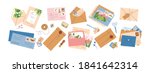 Collection of different envelopes with mail, postmarks and postcards vector flat illustration. Set of various craft paper letters, stationery, sealing wax and handmade cards isolated