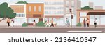people walking along city... | Shutterstock .eps vector #2136410347