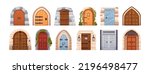 Medieval castle doors set. Old vintage entrances from wood, metal. Ancient front portals, entries, doorways to palace, dungeon. Flat graphic cartoon vector illustration isolated on white background