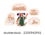 Travel and tourism concept. Tourist planning to visit landmarks, sightseeing, famous places. Girl with backpack, world tour, journey, trip. Flat vector illustration isolated on white background.