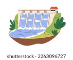 Hydroelectric power, water station. River dam. Hydropower, hydro energy concept. Renewable sustainable electricity resource, aqua reservoir. Flat vector illustration isolated on white background