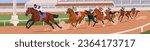 Jockeys competing on racehorses on racetrack. Equestrians, horse riders on hippodrome track, galloping on racecourse, turf. Equine sports competition, betting contest. Flat vector illustration