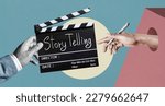 Small photo of Story telling text title on film slate or movie Clapper board for filmmaker and film industry.Abstract art collage.